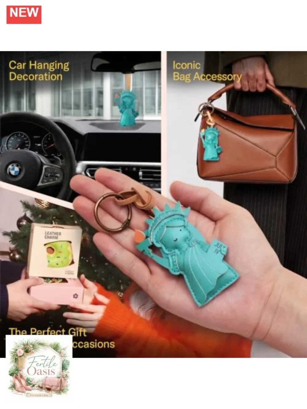 Travel Icon Leather Charm Keychain - Hand-Sewn Bag Charm for Car, Backpack